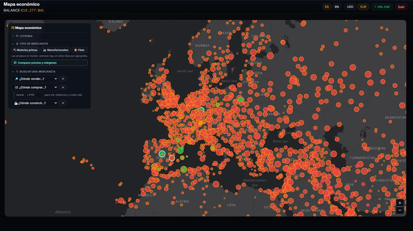 Mapa económico de FlyWorld: cada punto es una ciudad y el color dice cuánta mercancía le falta